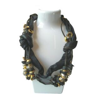 Vintage Pi & Pa Black Brown Leather Statement Necklace Gold & Silver Beads